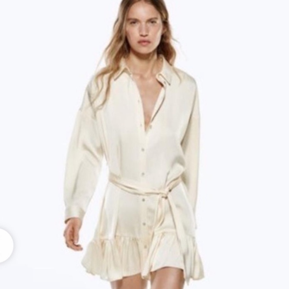 Cream colored button down belted satin ruffled dress from Zara